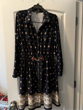 Long Sleeve Navy Printed Shirt Dress with Belt